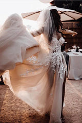 Sweetheart Front Split Tulle Appliques Champagne Wedding Dress