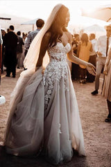 Sweetheart Front Split Tulle Appliques Champagne Wedding Dress