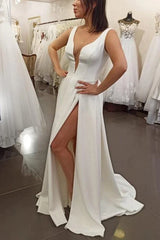 Satin V Neck Split Long A-line Beach Wedding Dress