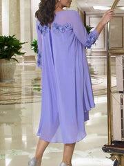 Two Piece A-Line Mother of the Bride Dress Elegant Jewel Neck Knee Length Chiffon 3/4 Length Sleeve with Pleats Appliques - RongMoon