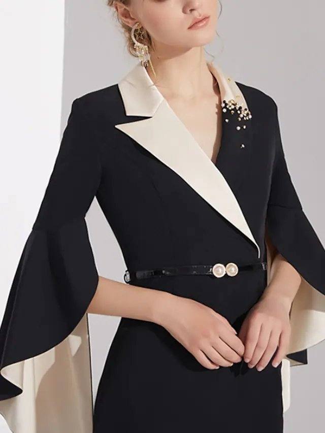Sheath / Column Mother of the Bride Dress Elegant Shirt Collar Knee Length Charmeuse Long Sleeve with Sash / Ribbon Beading - RongMoon