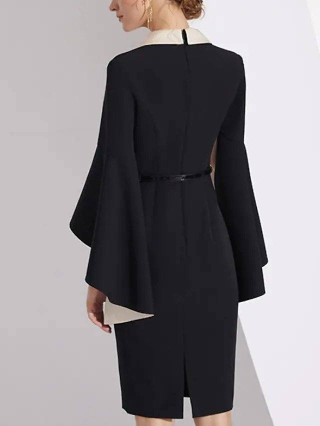Sheath / Column Mother of the Bride Dress Elegant Shirt Collar Knee Length Charmeuse Long Sleeve with Sash / Ribbon Beading - RongMoon