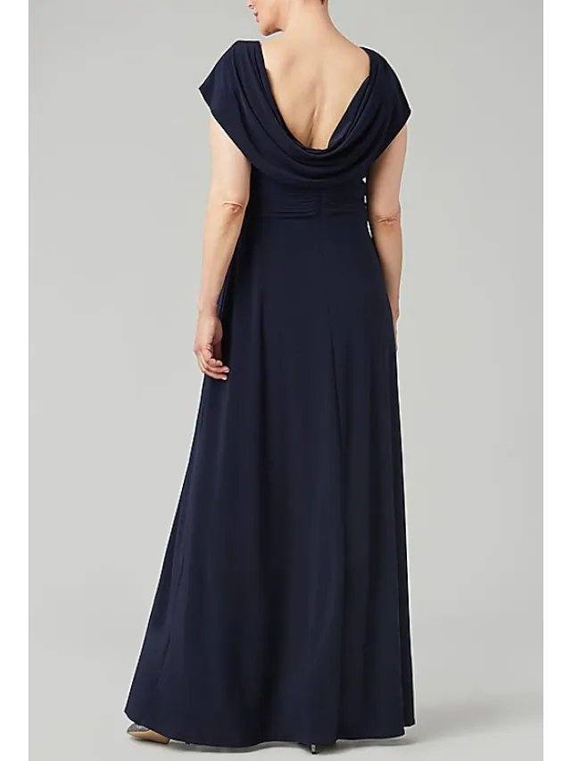 A-Line Mother of the Bride Dress Elegant Cowl Neck Floor Length Chiffon Polyester Short Sleeve with Crystals Beading - RongMoon