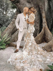 Champagne Floral Backless Puffy Sleeves Mermaid Wedding Dress