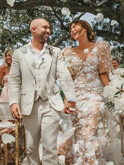 Champagne Backles Puffy Sleeves Trumpet Mermaid Wedding Dress