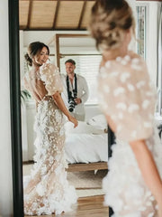 Champagne Floral Backless Puffy Sleeves Mermaid Wedding Dress