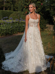 Spaghetti Straps White Floral Lace Wedding Dress