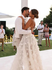 Spaghetti Straps White Floral Lace Wedding Dress