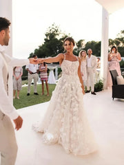 Floral Sweep Train Lace A Line Spaghetti Straps Wedding Dress