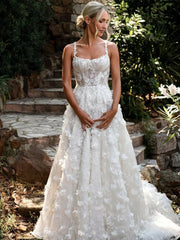 Spaghetti Straps White Floral Lace Wedding Dress