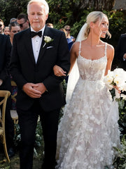 Spaghetti Straps White Floral Lace Wedding Dress