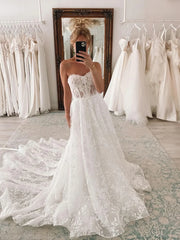 Lace Sweetheart A Line Bridal Wedding Dress With Detachable Puff Sleeves