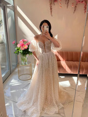 Detachable Puff Sleeves A Line Polka Dots Wedding Dress