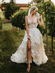 V Neck A Line Tulle Appliques Backless Wedding Dress