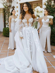 See Through Detachable Long Sleeves Appliques Bohemian Wedding Dress