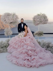 Beading Tiers Tulle Pink Ball Gown Luxury Wedding Dress