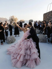 Beading Tiers Tulle Pink Ball Gown Luxury Wedding Dress