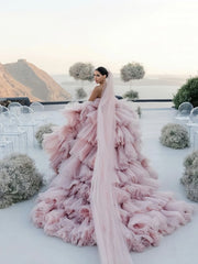 Beading Tiers Tulle Pink Ball Gown Luxury Wedding Dress
