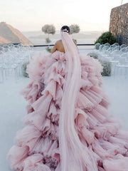 Beading Tiers Tulle Pink Ball Gown Luxury Wedding Dress