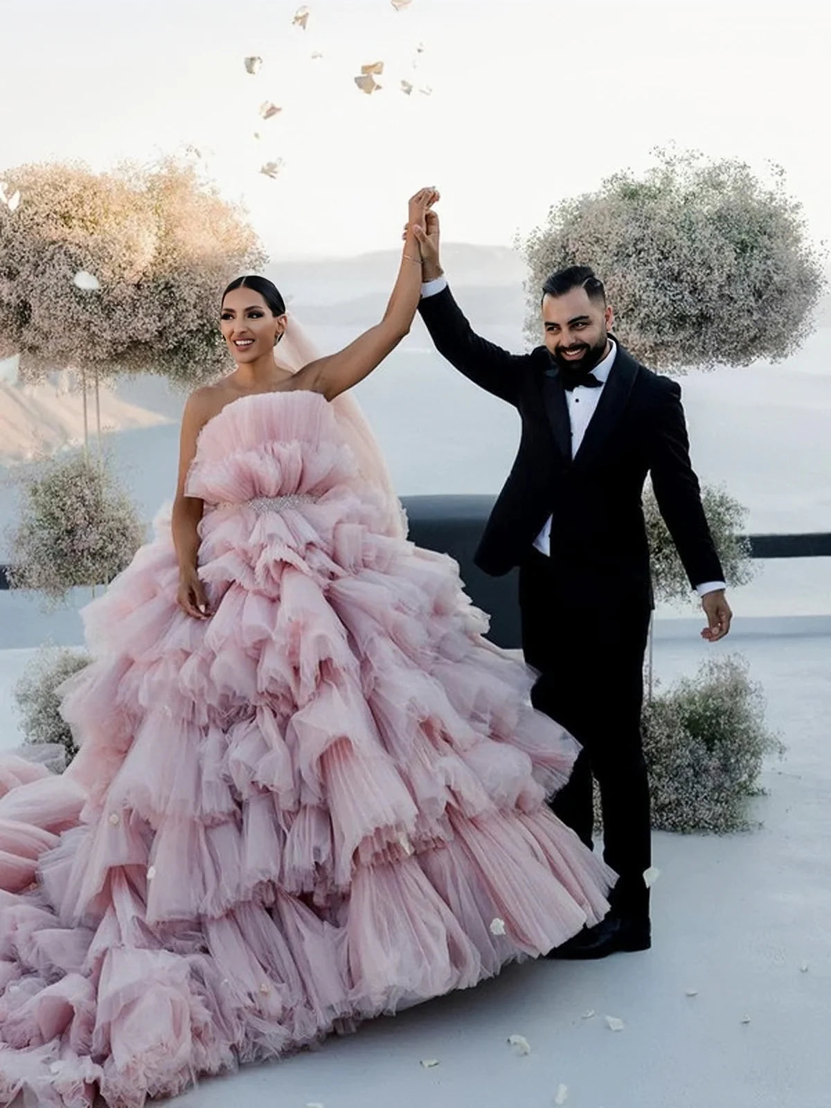 Beading Tiers Tulle Pink Ball Gown Luxury Wedding Dress