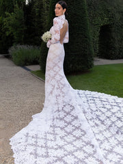 Lace High Neck Trumpet Mermaid Long Sleeve Wedding Dress