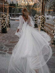 Long Sleeves Cut Out A Line Tulle Bohemian Wedding Dress