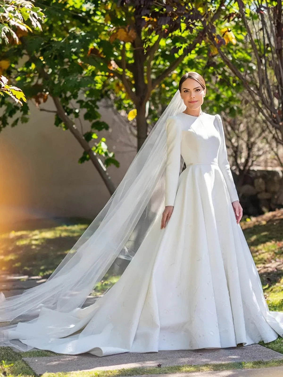 Backless A Line Satin Long Sleeve Buttons Wedding Dress
