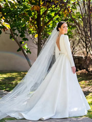 Backless A Line Satin Long Sleeve Buttons Wedding Dress