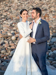 Backless A Line Satin Long Sleeve Buttons Wedding Dress