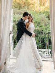 A Line Sleeveless Simple Haler Satin Wedding Dress