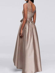 A-Line Mother of the Bride Dress Elegant Jewel Neck Asymmetrical Satin Sleeveless with Bow(s) - RongMoon