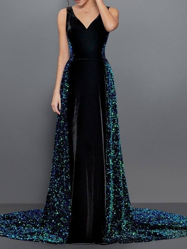A-Line Sparkle Sexy Engagement Formal Evening Dress V Neck Sleeveless Chapel Train Sequined Velvet with Pleats Sequin - RongMoon