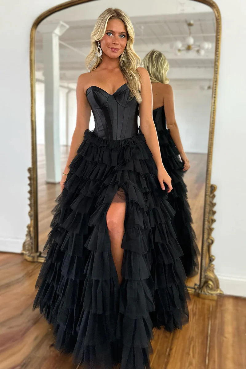 Black Sweetheart Tulle Ruffles Prom Dress With Slit