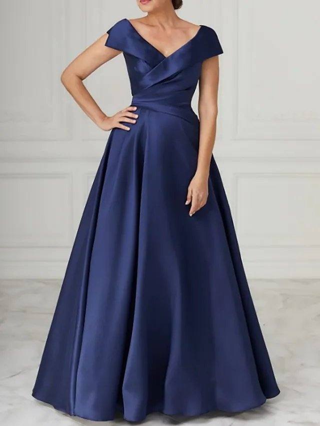 A-Line Mother of the Bride Dress Elegant V Neck Floor Length Satin Sleeveless with Pleats - RongMoon