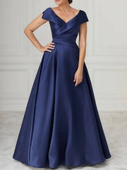 A-Line Mother of the Bride Dress Elegant V Neck Floor Length Satin Sleeveless with Pleats - RongMoon