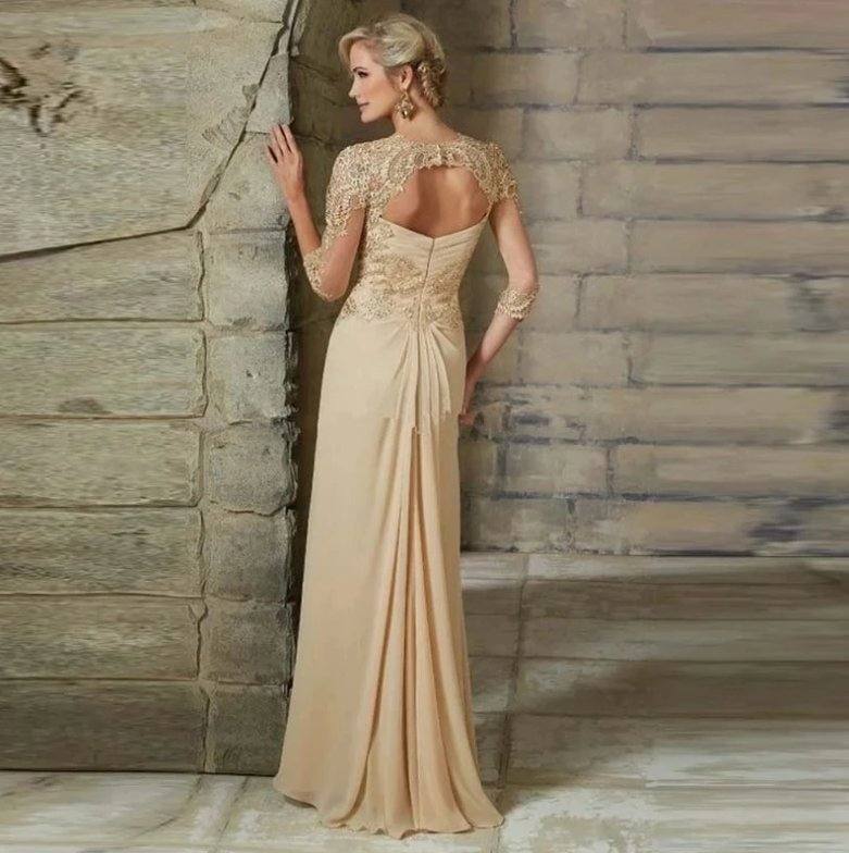 Champagne Mother Of The Bride Dresses A-line V-neck 3/4 Sleeves Chiffon Appliques Beaded Long Groom Mother Dresses For Wedding - RongMoon