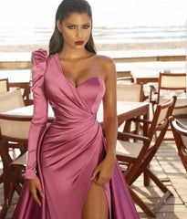 Sexy Prom Dresses A-line One-shoulder Long Sleeves Slit Dubai Saudi Arabic Long Robe De Soiree Prom Gown Evening Dresses - RongMoon