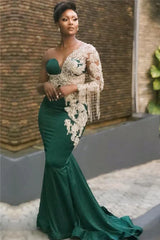 Long Sleeve Green Beading Mermaid Prom Dress
