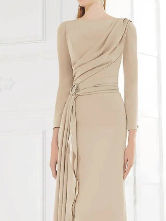 Sheath / Column Mother of the Bride Dress Elegant Jewel Neck Floor Length Chiffon Satin 3/4 Length Sleeve with Pleats Ruching - RongMoon