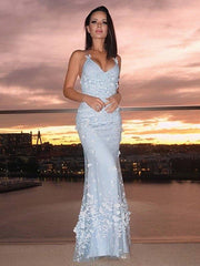 Sheath/Column Tulle Applique Halter Sleeveless Floor-Length Dresses - RongMoon