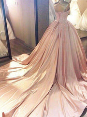 Ball Gown Sleeveless Sweetheart Court Train Lace Satin Dresses - RongMoon