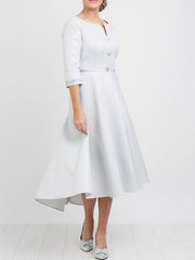A-Line Mother of the Bride Dress Elegant Off Shoulder Tea Length Satin Half Sleeve with Pleats - RongMoon
