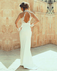 Long Sleeves Open Back Mermaid Wedding Dress Appliques