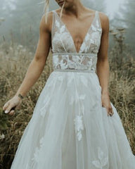 Tulle Beach Wedding Dress V Neck Embroidery