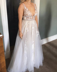 Tulle Beach Wedding Dress V Neck Embroidery