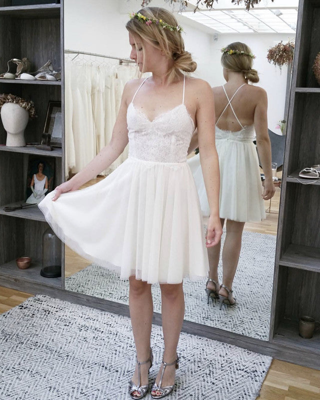 Short Boho Wedding Dresses Lace V Neck