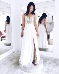 Lace V Neck Chiffon Wedding Dress Split