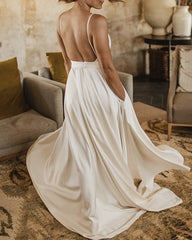 Simple Satin Boho Wedding Dresses With Pockets