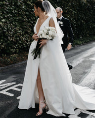 Boho Style Wedding Dresses Satin V Neck Front Slit