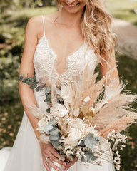Romantic Tulle Boho Wedding Dress Lace V Neck